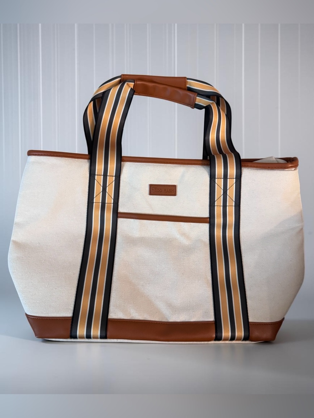 Ted’s Nash Cream Canvas & Brown Leather Trim Striped Web Handle Tote Bag